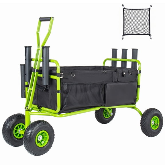 GDF Studio 51" Heavy Duty Collapsible Fishing Cart with Rod Holders, All-Terrain Beach Wagon for Sand, Black & Green