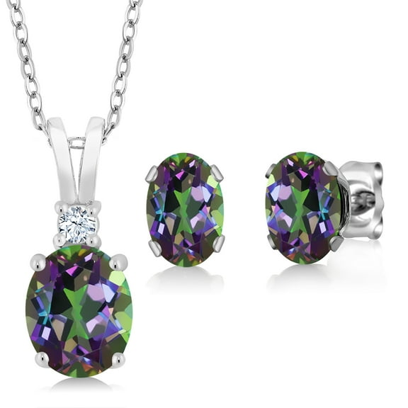 Gem Stone King 925 Sterling Silver Oval Green Mystic Topaz Pendant and Earrings Jewelry Set for Women (3.63 Cttw, Gemstone Birthstone, with 18 inch Silver Chain)