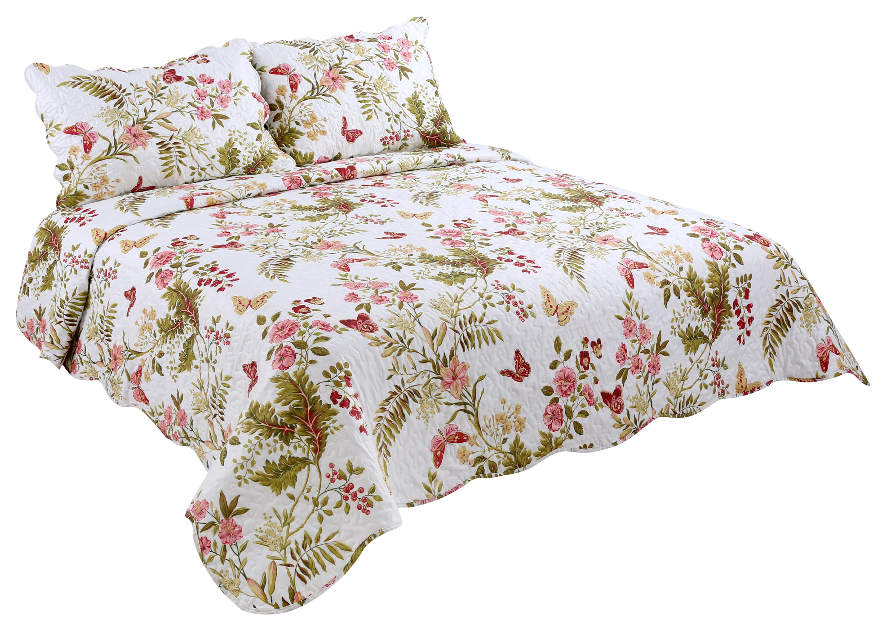 Marina Decoration Couvre-lit imprimé riche, couvre-lit ultra doux pour l'été, avec taies d'oreiller matelassées, motif papillon et fleur rose vert rouge