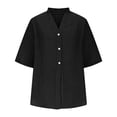 thumbnail image 4 of Htigea Womens Short Sleeve Shirts V Neck Collared Button Down Shirt Tops Black,L, 4 of 5