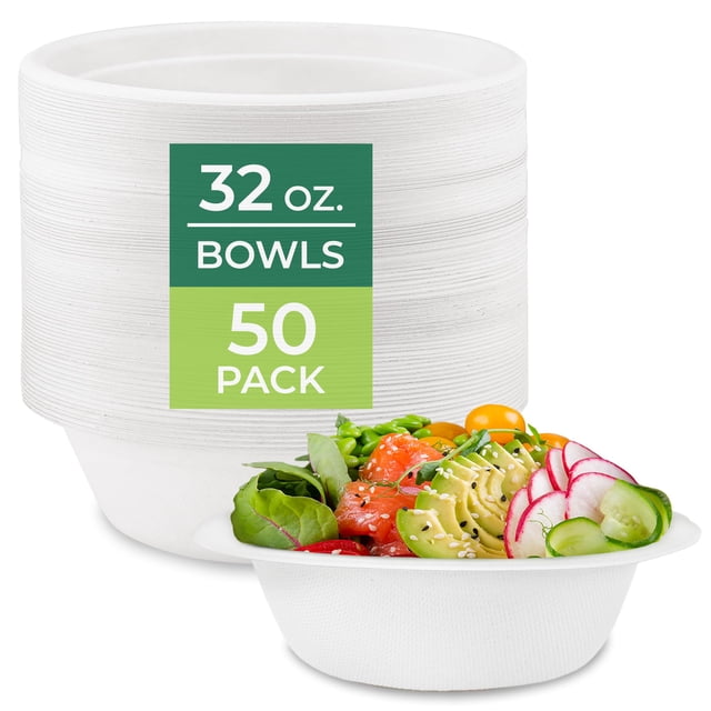 Freshware - Cuencos de papel desechables de 32 onzas, paquete de 50 cuencos de fibra de caña de azúcar biodegradables, bagazo resistente para platos de comida caliente, apto para