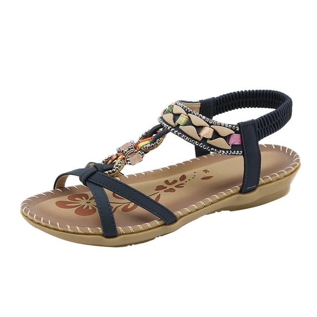 eczipvz Womens Sandals Women's Rivet Rhinestone Pearl Flat Sandals Slip on Memory Foam Sandals Open Toe Slide Sandals,Blue
