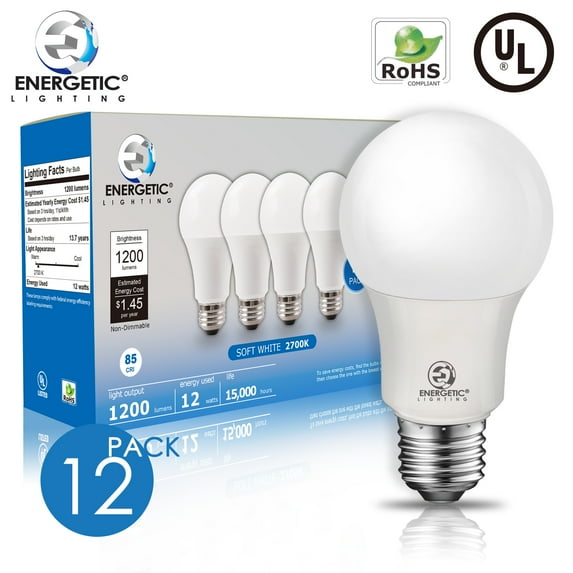 ENERGETIC A19 LED Light Bulb, 12 Watts(75W Equivalent), 2700K Soft White, 1200lm, UL Listed, E26 Base, 12 Pack