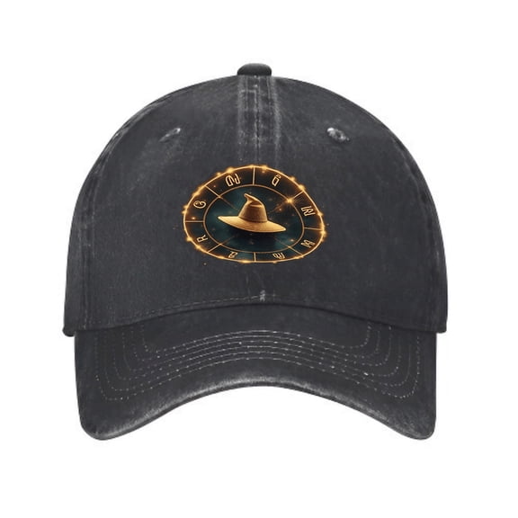 Vintage Cotton Washed Distressed Baseball Cap - Black Dad Hat with Golden Wizard Emblem & Astrological for Men & Women