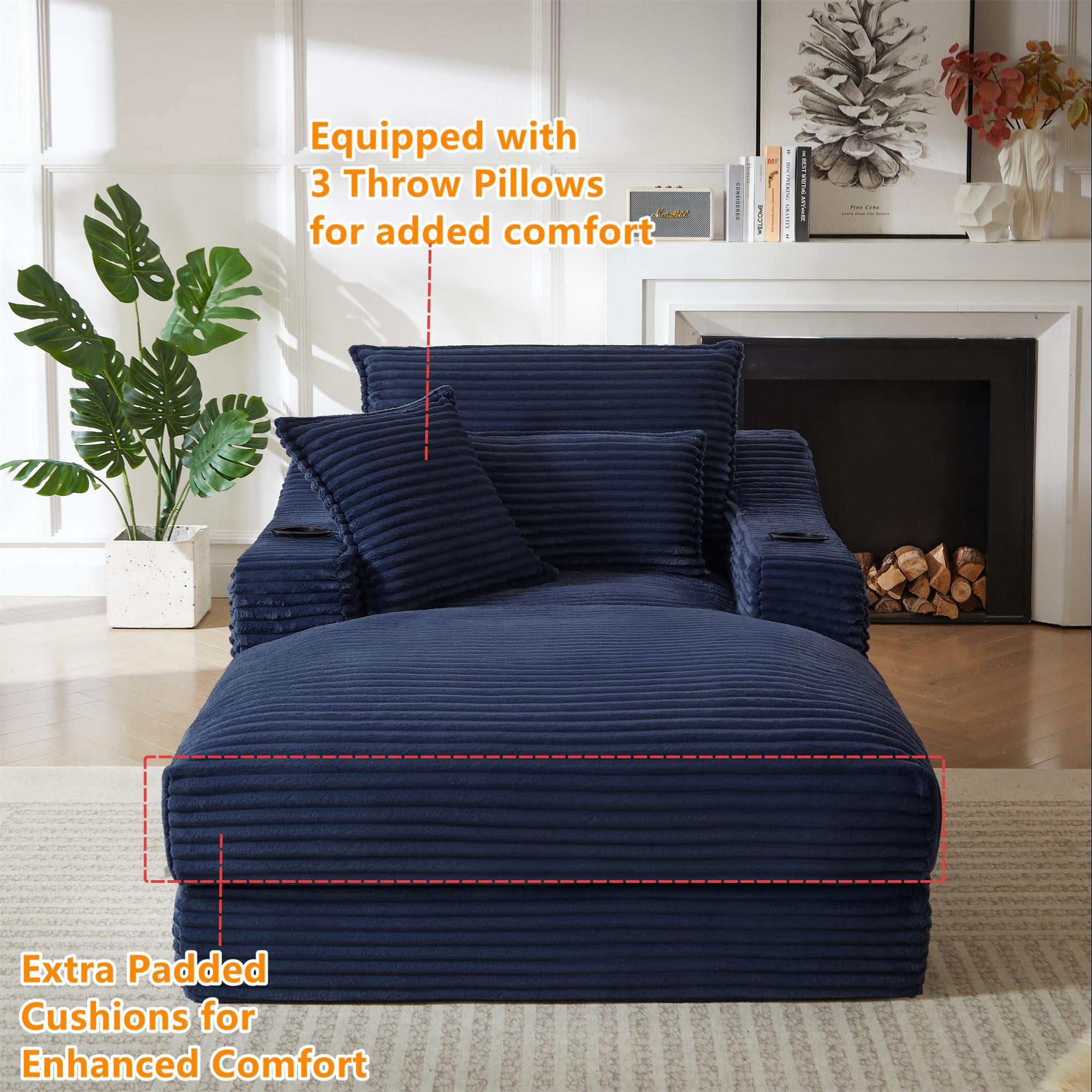 Aukfa 68" Oversized Chaise Lounge Chair with 2 Cup Hoders&Side Pockets, 3Pillows, Corduroy, Blue