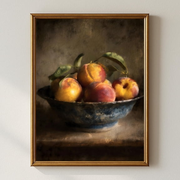 Rustic Kitchen Wall Art, Moody Still Life With Bowl Of Peaches On Table, Vintage Farmhouse Fruit Decor Home Decor #1065, Unframed Poster Size 8x12