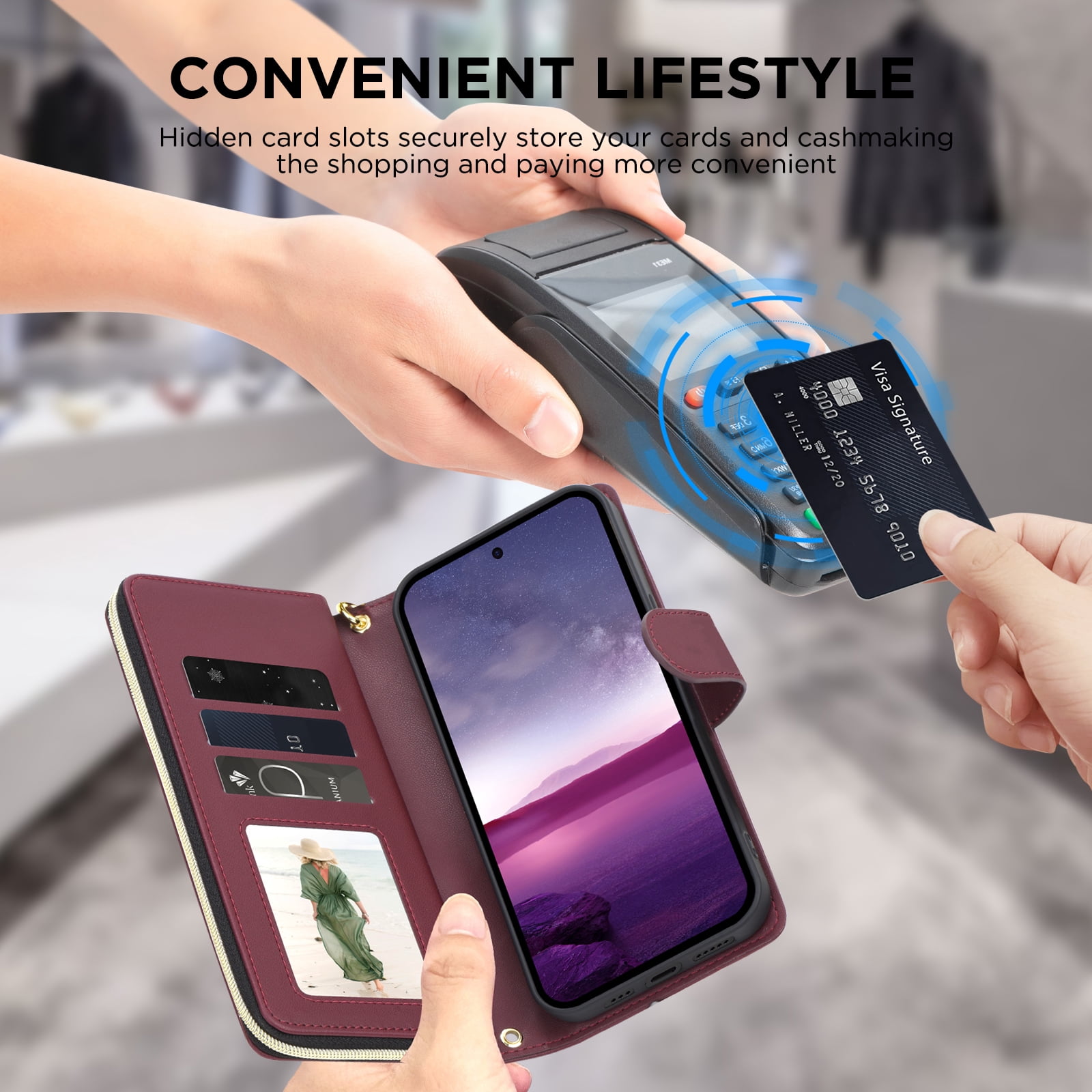 for Samsung Galaxy S23 Crossbody Wallet Case with 9 Card Holders, Cash Slot, Photo Slot, Zipper Pocket PU Leather Magnetic Snap Wallet Phone Case with Flip Stand & Wrist Strap & Lanyard, Winered