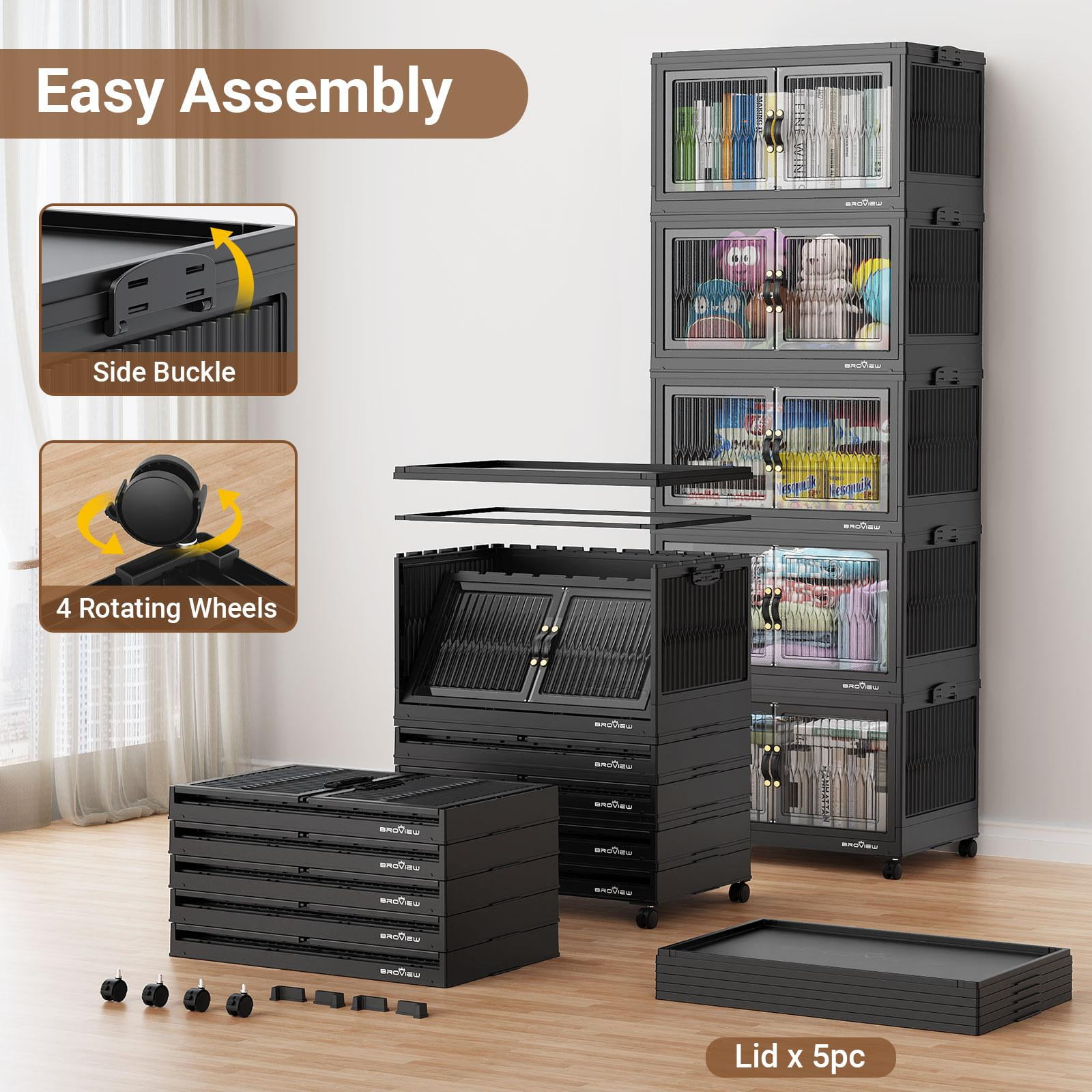 BROVIEW 120Gal Large Storage Bins with Lids, 480Qt Plastic Stackable Closet Organizer and Storage, Collapsible Storage Box with Wheels, Folding Storage Cabinet Containers for Home Office, 3Pack Black