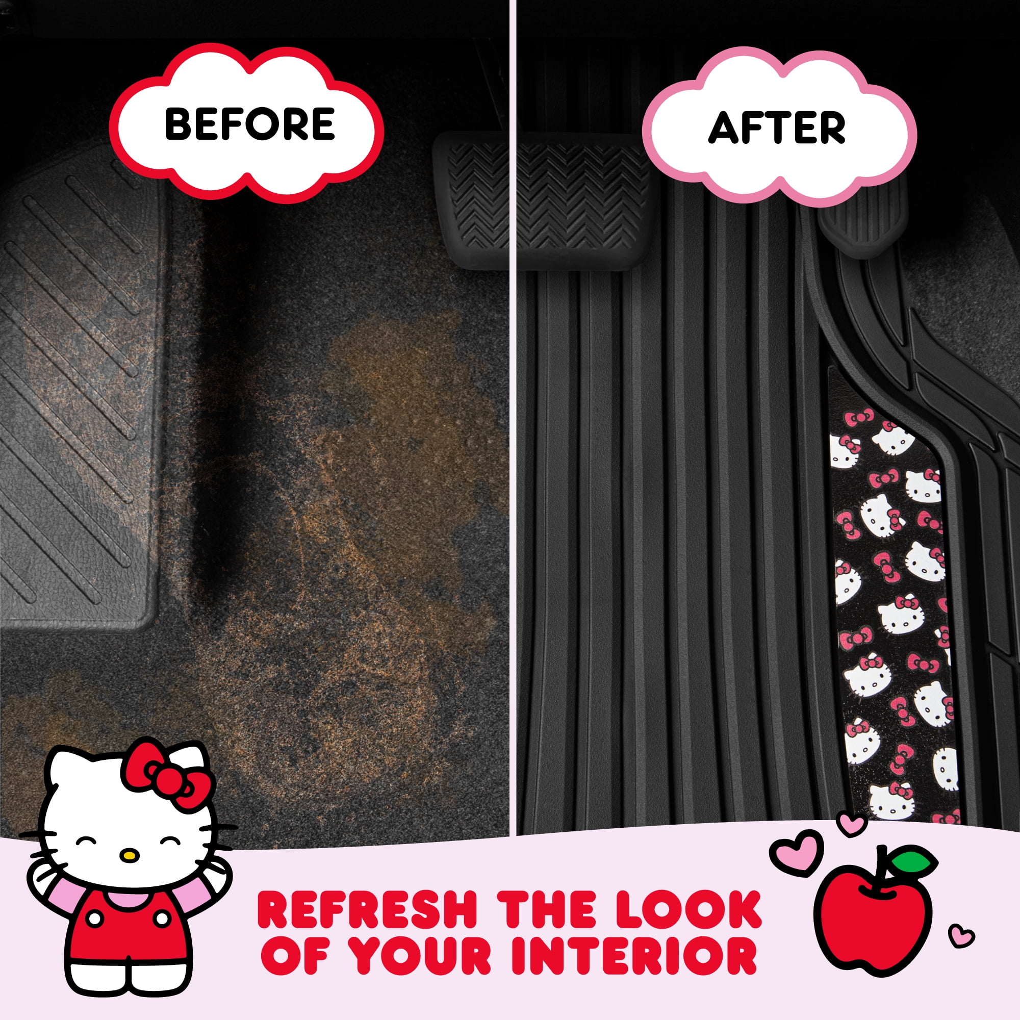 Hello Kitty Cute Rubber Car Floor Mats, Heavy Duty Non-Slip 4-Piece Set, Cute Universal Auto Accessory, for Car Truck SUV Van, Black