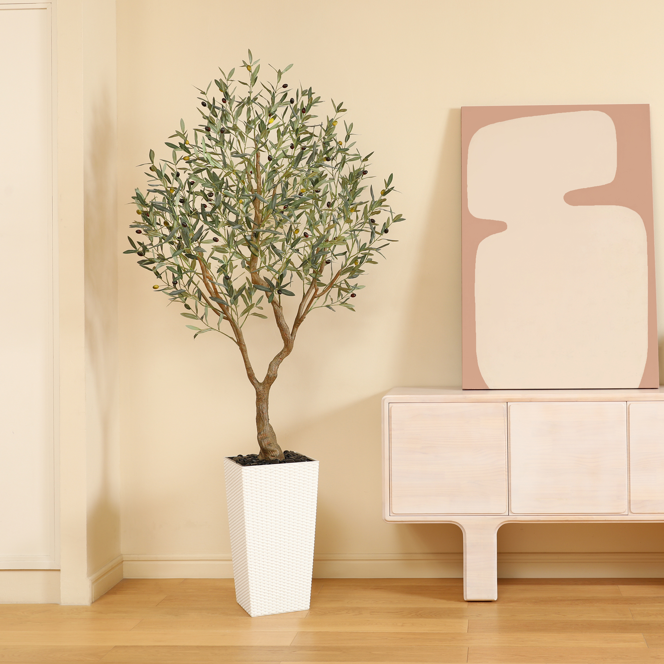 7ft UV Resistant Fake Olive Tree with White Tall Planter, Pre Potted Artificial Olive Tree for Indoor Outdoor Home Decor, Big Faux Plants Fake Plants for Office House Decor