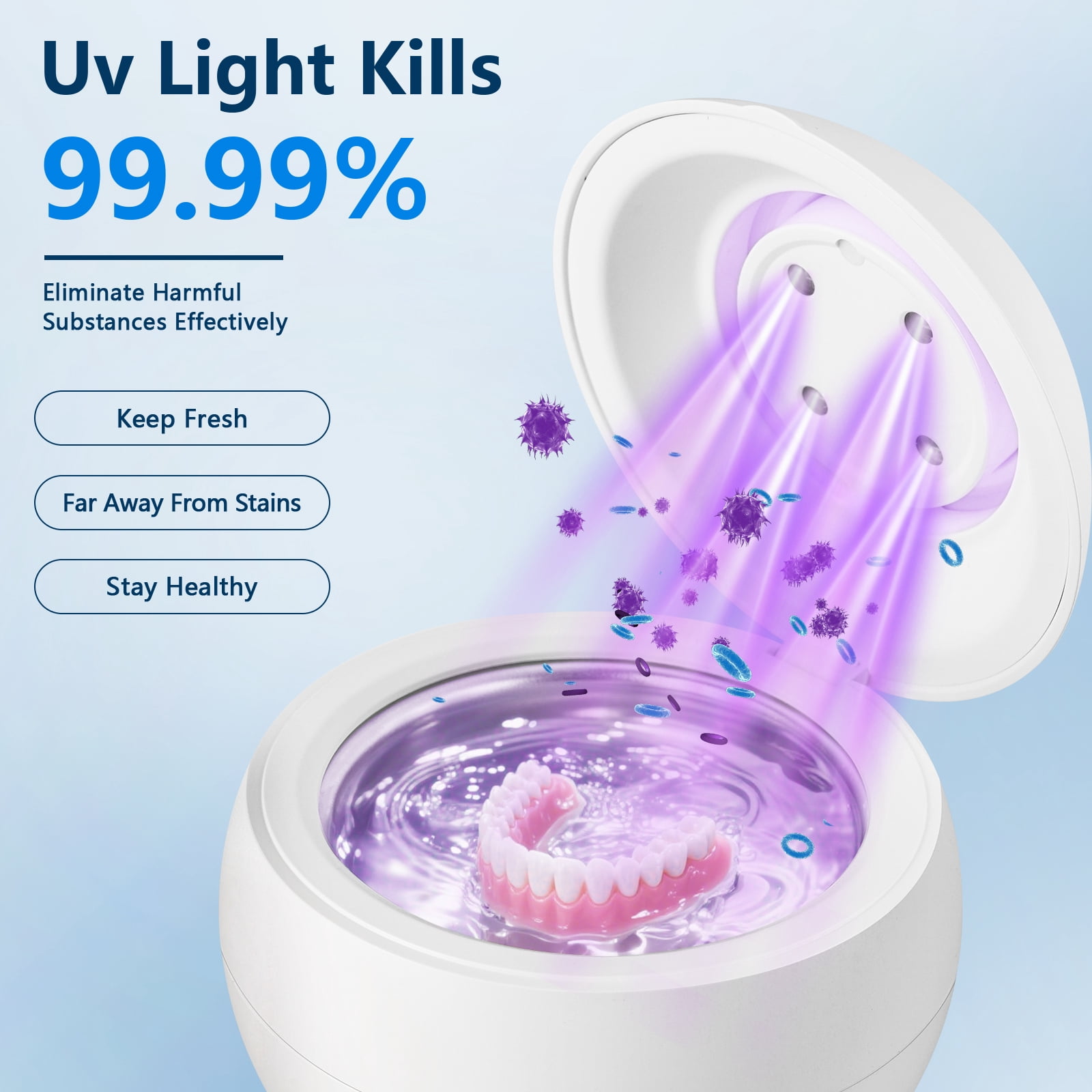 Ultrasonic Retainer Cleaner, 45kHz Ultrasonic Retainer Cleaner Machine Dental Pod, Denture Cleaner for Aligners, Dentures, Night Guards, Jewelry & Rings, Low Noise Compact Cleaner, White