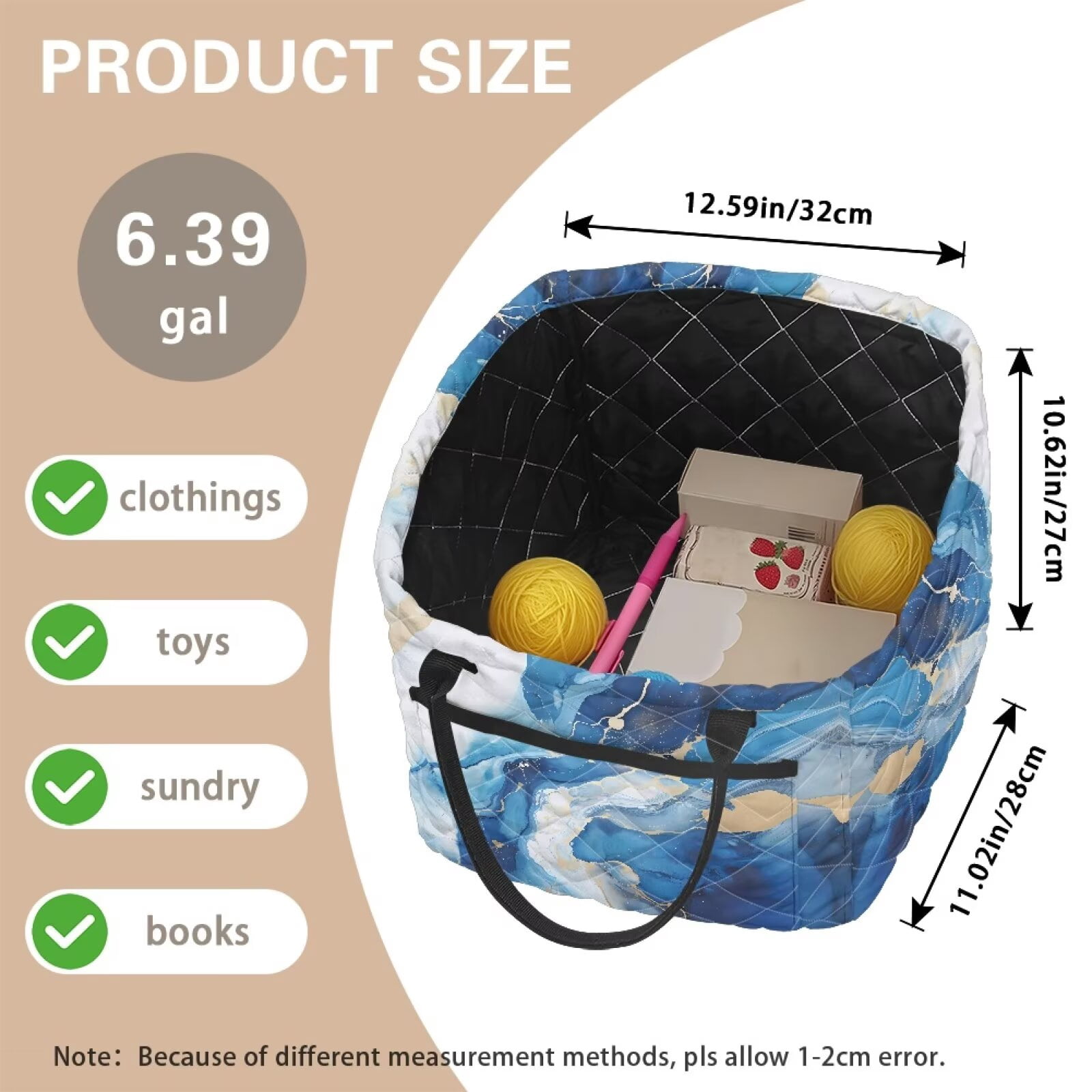 Yuyamidu Blue Marble Quilted Fabric Storage Basket with Handles Large Capacity Collapsible Laundry Hamper Nursery Organizer Bin for Home, Picnic, Shopping, Travel