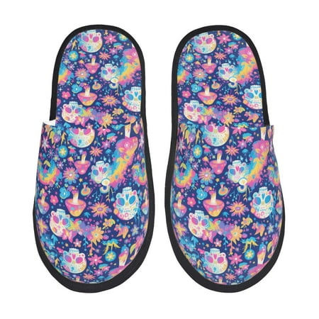 Balery mushroom Skull rainbow color Slient Indoor Furry Fleece Comfort House Shoes Soft Non-Slip Home Shoes Cotton slippers House Slippers-- Large