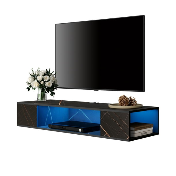Black Floating TV Stand with LED Lights,Wall Mount Entertainment Center
