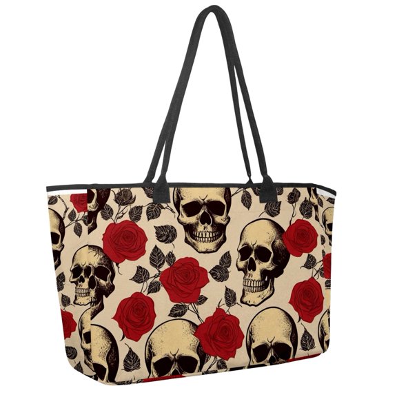 Big Shoulder Handbags for Women,Rose Flower Sugar Skull Large Casual Tote Bags for Work Travel Commuter Shopping Trendy Handbag