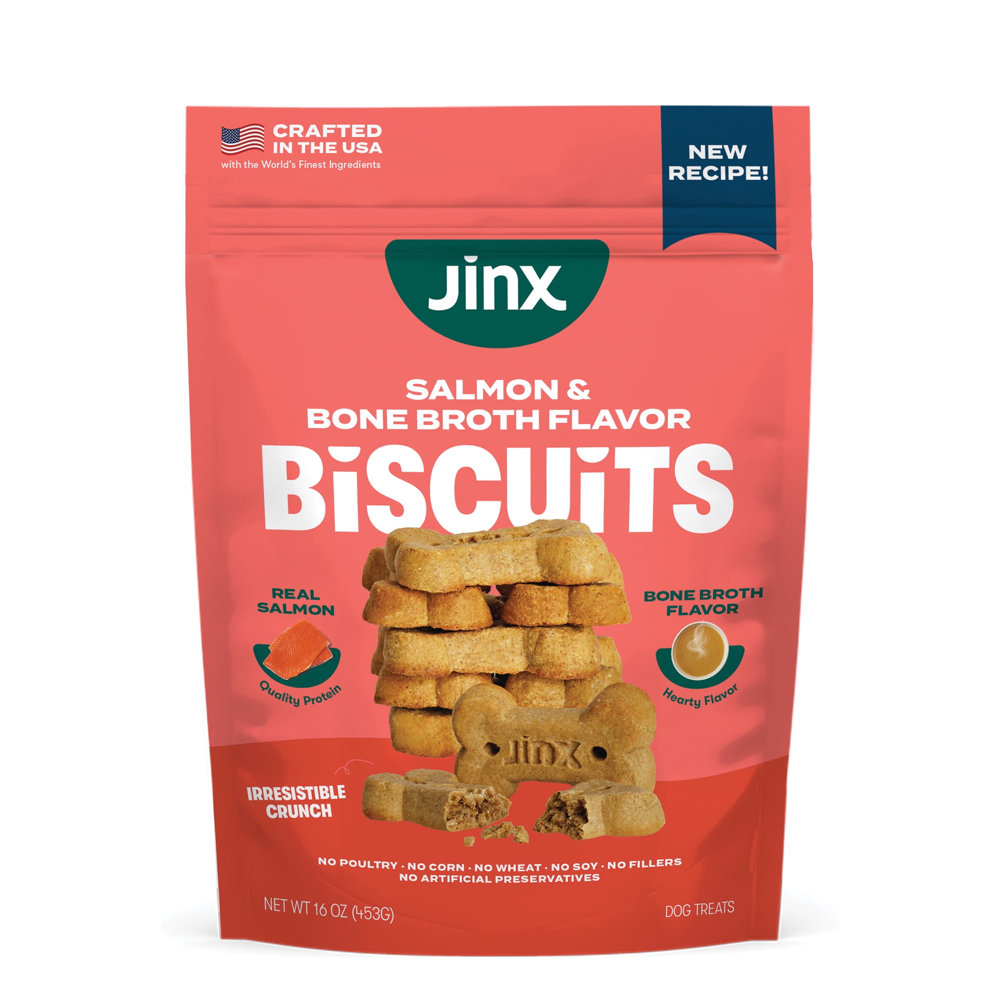 Jinx Salmon Bone Broth Biscuits, Crunchy Dry Dog Treats, 16 oz Bag