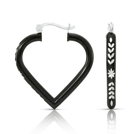 Tilo Jewelry .925 Sterling Silver Black Heart Hoop Earrings with Floral Design | Women & Unisex
