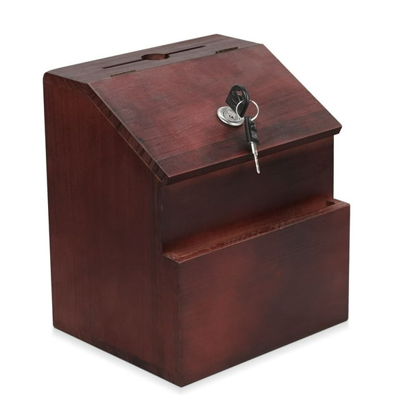 Wooden Lockable Suggestion Box with Key Lock Lid, Red Mahogany Wall Mounted or Free Standing Locked Ballot Prayer Donation Comment Cash Tip Money Drop Box Includes Hardware, 2 Keys