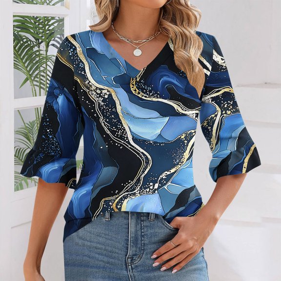 Vetsdori Womens 3/4 Sleeve Tops Tunic Pullover Holiday Dressy,Graphic Summer T-Shirts for Junior Fashion