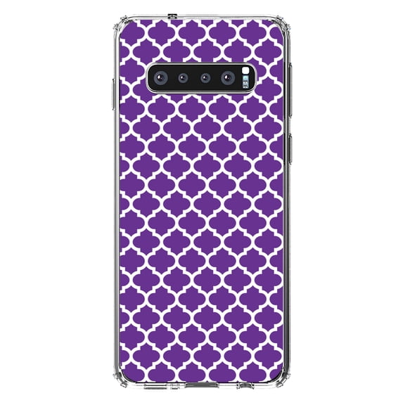 DistinctInk Clear Shockproof Hybrid Case for Samsung Galaxy S10  PLUS(6.4" Screen) - TPU Bumper, Acrylic Back, Tempered Glass Screen Protector - Purple White Moroccan Lattice