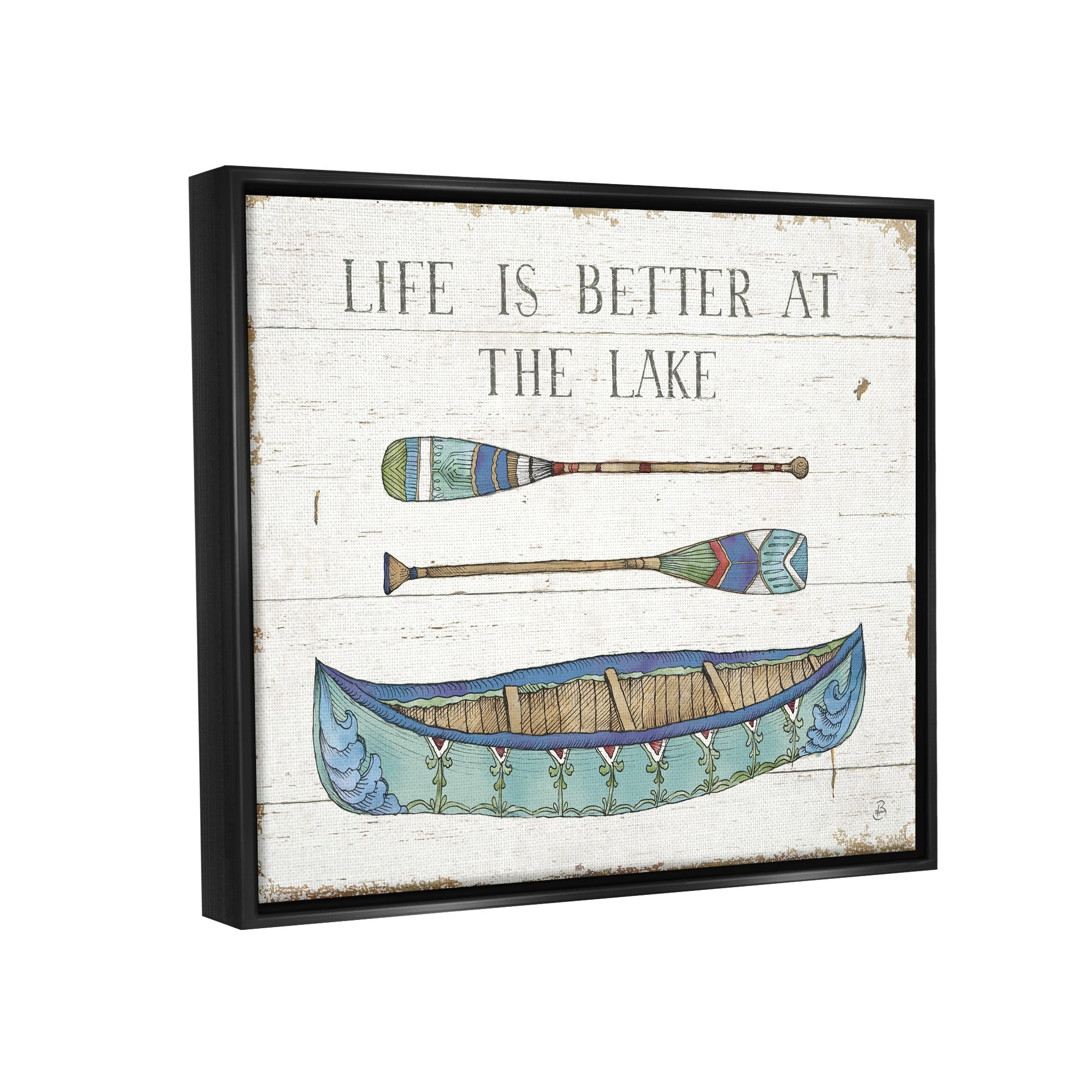 Stupell Industries Life Better At Lake Rustic Canoe Ores Grain Pattern Graphic Art Jet Black Floating Framed Canvas Print Wall Art, Design by Daphne Brissonnet