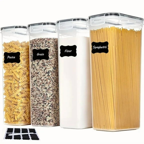 4 Pack Airtight Food Storage Containers with Lids，Containers for Pantry Organization and Storage, BPA Free Kitchen Canisters for Spaghetti, Flour, Sugar and Noodles Come with free labels And