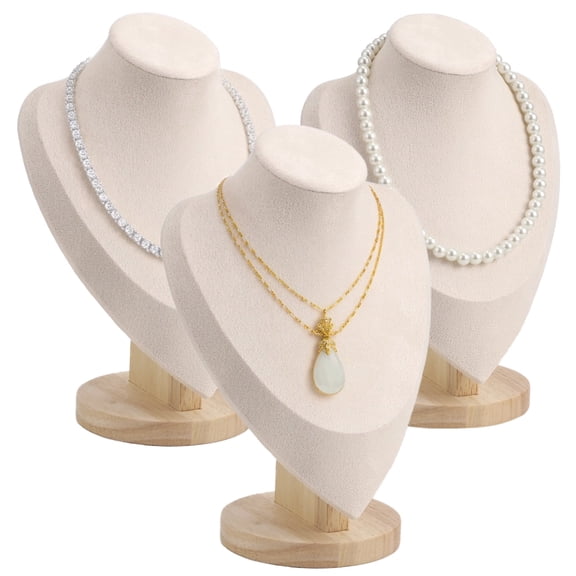 3 Pcs Necklace Display Stand, Linen Jewelry Bust Display Stands with Wooden Base, 9.1 x 6.6 x 4.1 in Beige Necklace Bust for Jewelry Display, Retail Store Home Decor