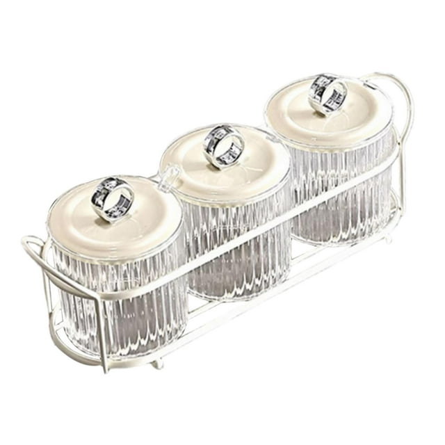 Frascos de condimentos con tapa de cuchara y soporte, recipiente transparente para condimentos 3 tarros