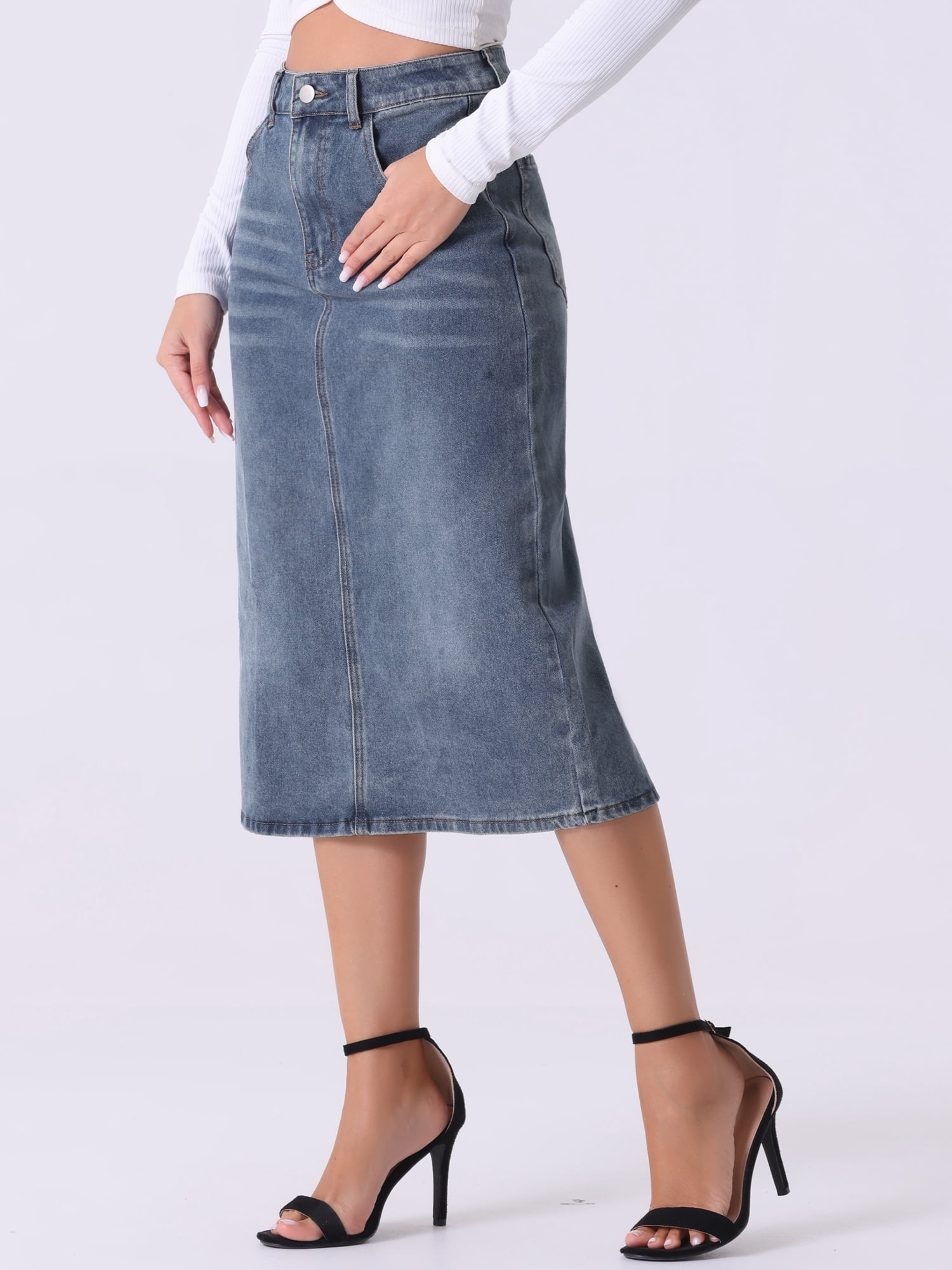DARING DIVA Women's Denim Split Back Pockets Midi Jean Skirts XS Grey Blue