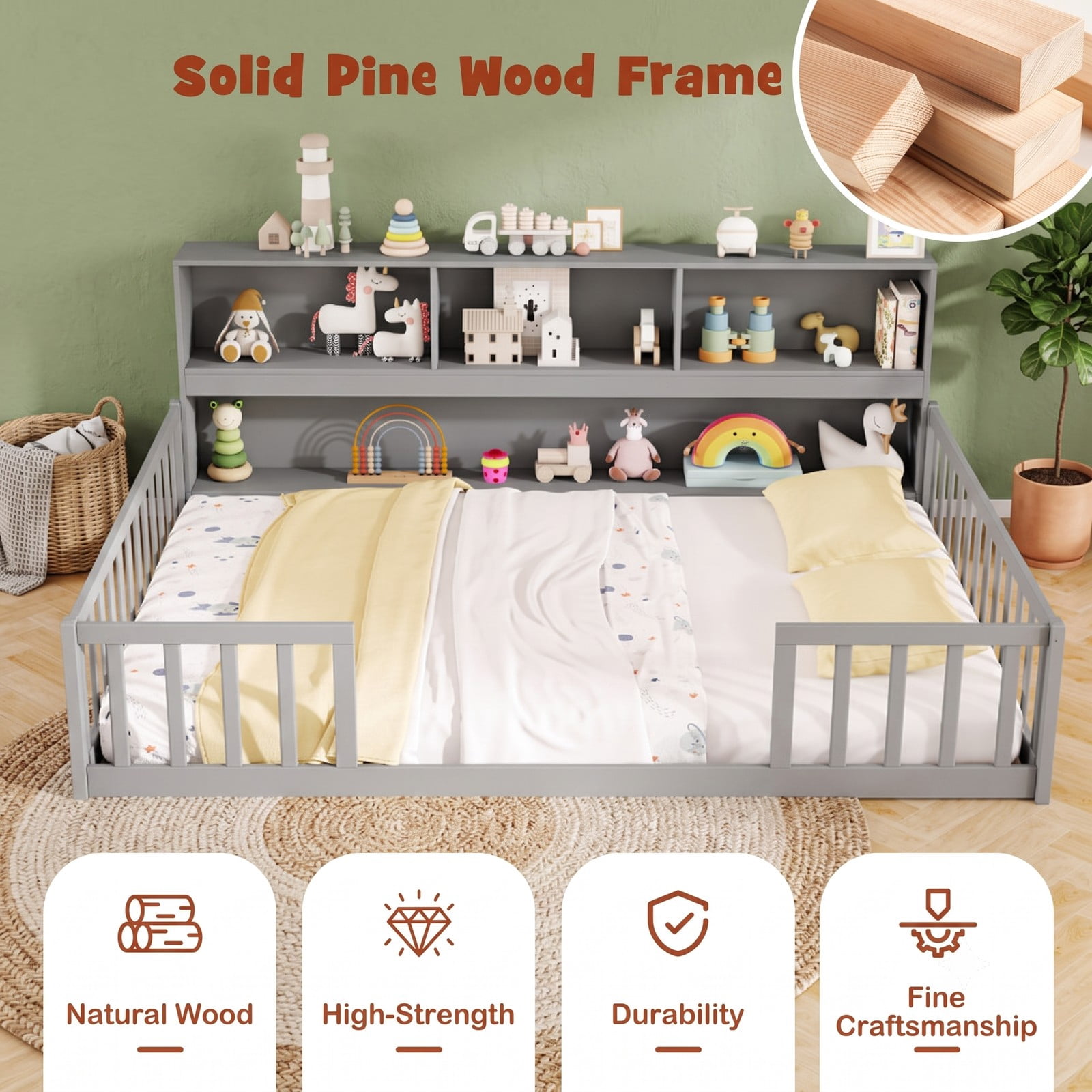 Furnibear Full Size Bed Frame Montessori Floor Bed with Bookcase Headboard and Full Length Fence Rails for Kids Bedroom, Gray