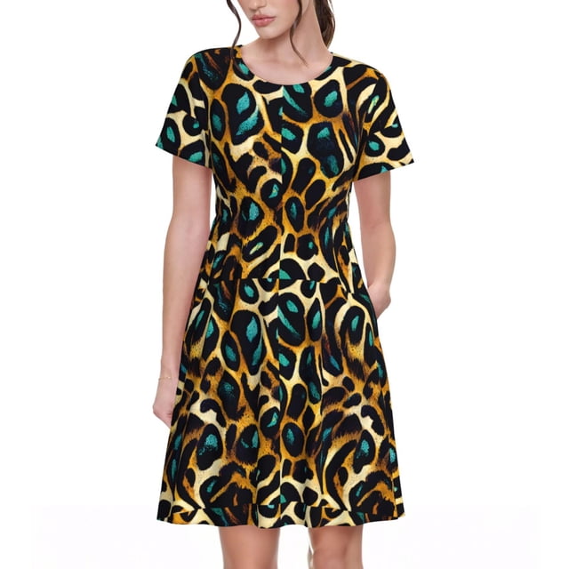 Balery Teal Leopard Vestidos sueltos de manga corta para mujer, vestidos de verano 2025, vestidos casuales de corte A con vuelo.
