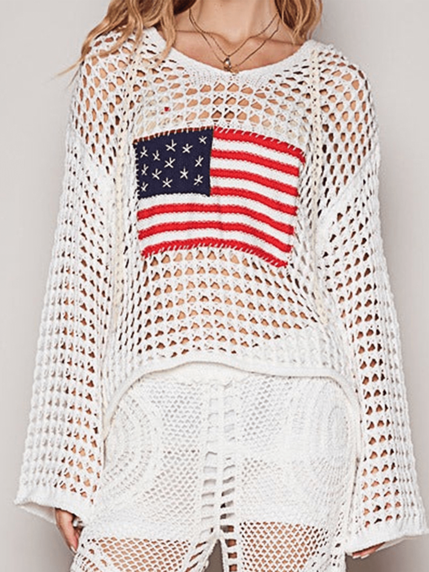 Xsylife Womens American Flag Sweater Crochet Tops 4th Of