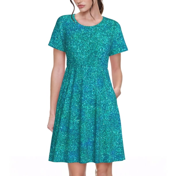 Balery Blue Green Glitter Vestidos sueltos de manga corta para mujer, vestidos de verano 2025, vestidos casuales de corte A con vuelo.