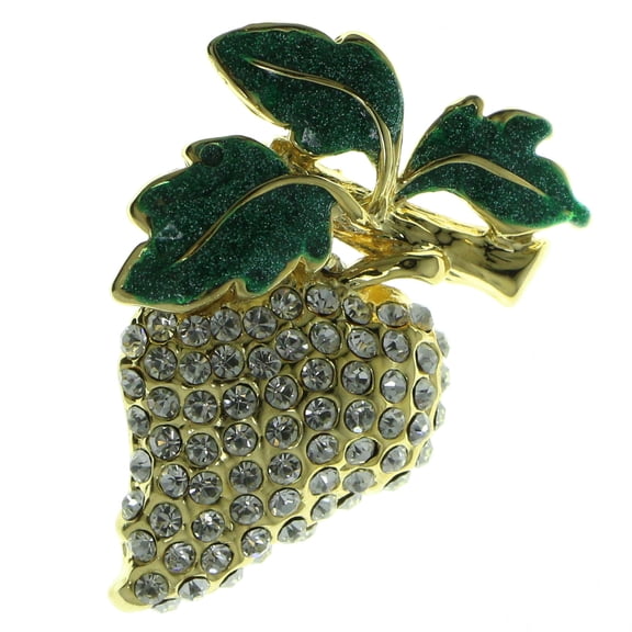 Gold-Tone & Green Metal Grapes Brooch-Pin With Crystal Accents