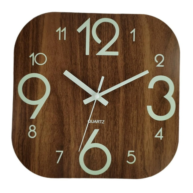 Reloj de pared moderno de 30 cm, de madera, silencioso, decorativo, con luz nocturna y pilas. Números grandes marrones