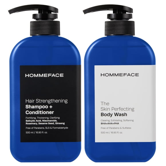 HommeFace Kit de ducha de triple acción para hombres – Set de lavado para cabello y cuerpo incluye un champú fortalecedor del cabello 2 en 1 + acondicionador y gel de baño con bomba para piel propensa
