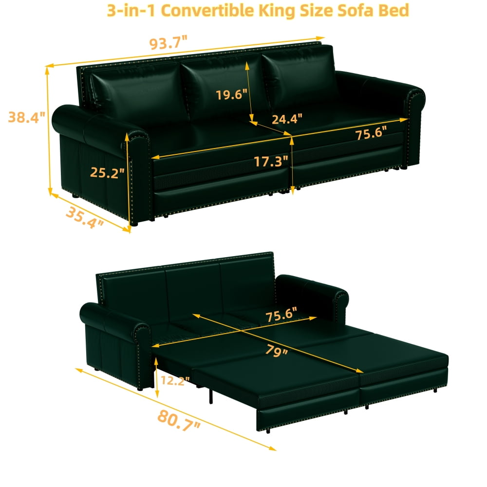Chesterfield Sofa,93.7" King Pull Out Sofa Bed,3-in-1 Faux Leather Convertible Sleeper Sofa with Nailhead Trim & Rolled Arm,Multi-Functional Sofa Bed for Living Room, Bedroom, Green