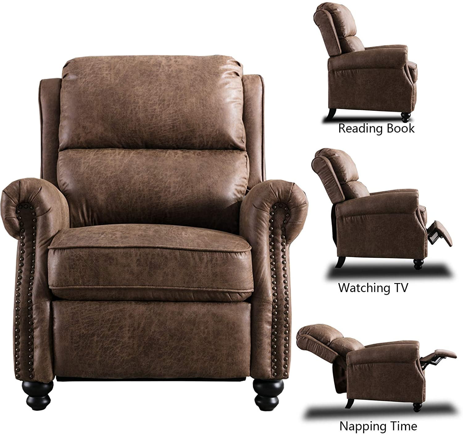 Bonzy Home Pushback Recliner Chair Leather Armchair Push Back Recliner with Nail Head Single Sofa Accent Chair for Living Room, Brown