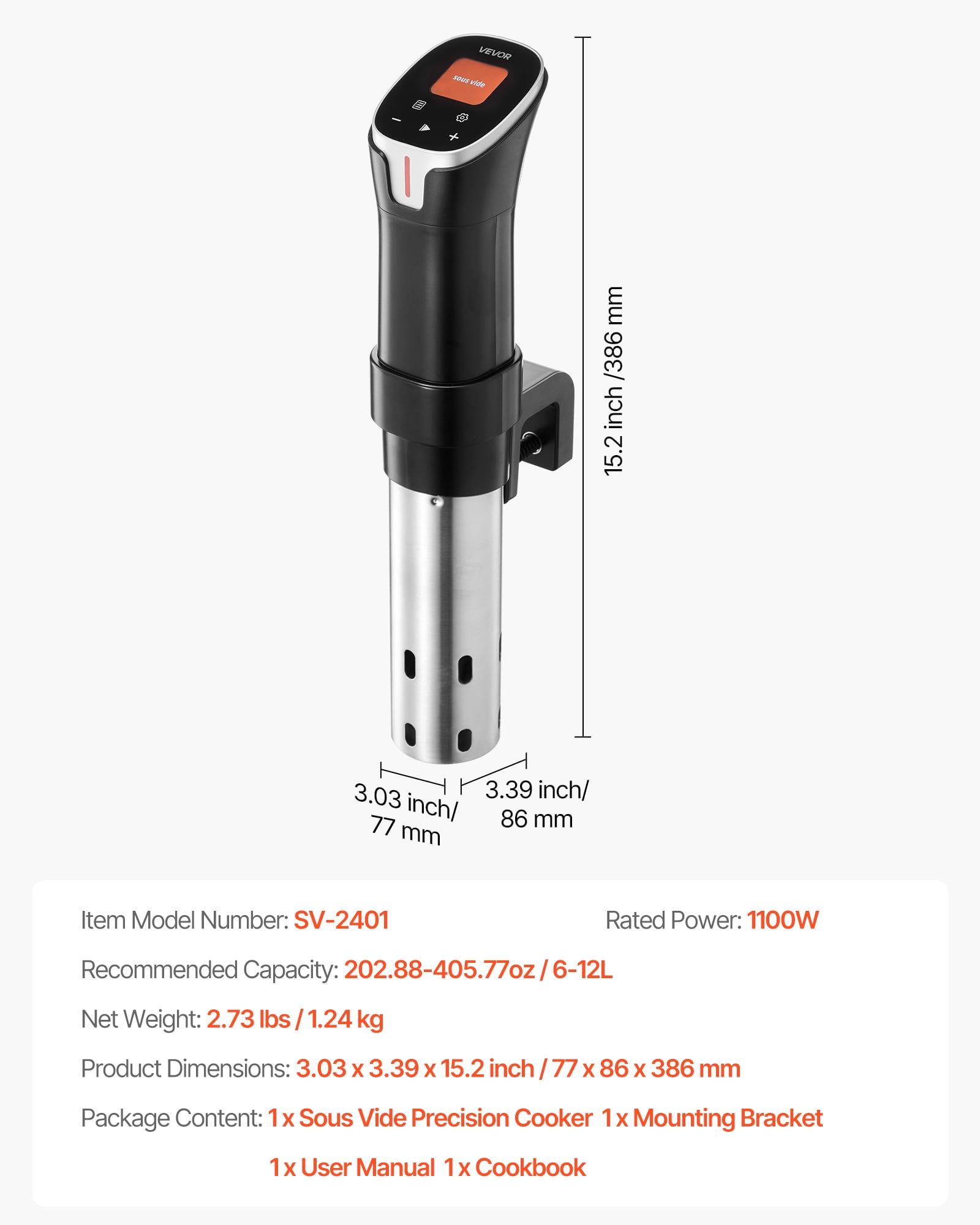 VEVOR Sous Vide Precision Cooker, 1100W Sous-Vide Cooking Machine, WIFI Immersion Circulator with 10 Preset Recipes, LCD Touchscreen, Fast-Heating, Accurate Temperature & Timer, App Control