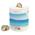 thumbnail image 1 of Balinese Piggy Bank, Beach Through Balinese Bed Summer Sunshine Clear Sky Honeymoon Natural Spa Picture, Ceramic Coin Bank Money Box for Cash Saving, 3.6" X 3.2", Blue White, by Ambesonne, 1 of 4