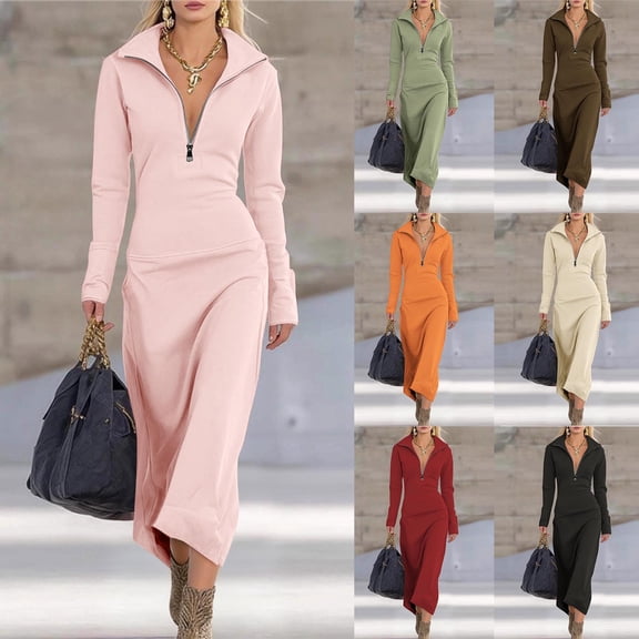 Hfnxid Women's Maxi Dress Slim Fit Half Zip Collar Frock Tunic Solid Long Sleeve Dress Fashion Comfy Flowy Pullover Frock With Pocket Army Green XL