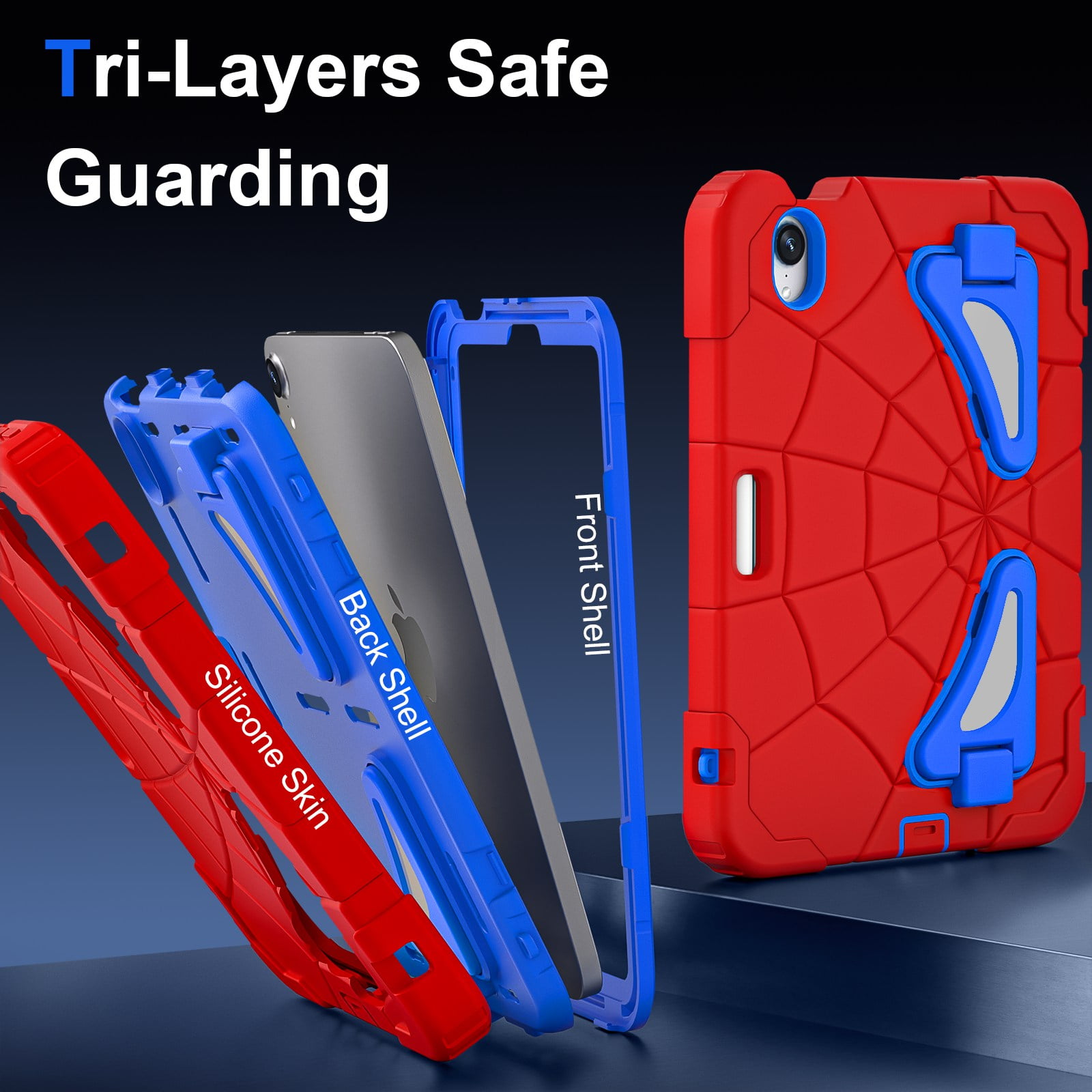 ELEHOLD Kids Friendly Case For Apple iPad mini 7th(A17 Pro) 2024/6th, Heavy Duty Shockproof Rugged Protective Case with Pencil Holder Foldable Kickstand for Boys Children Case, Red+Blue