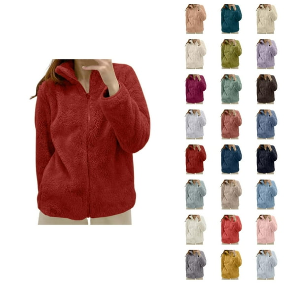Winter Coats for Women 2025 Long Sleeve Fleece Warm Plain Stand Collar Zip Up Jacket Casual Cardigan Outerwear