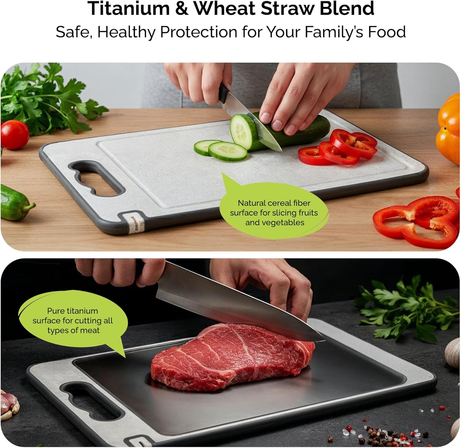 Titanium Cutting Board 14.3x9.7 | Double Sided Non-Slip | Built-In Knife Sharpener