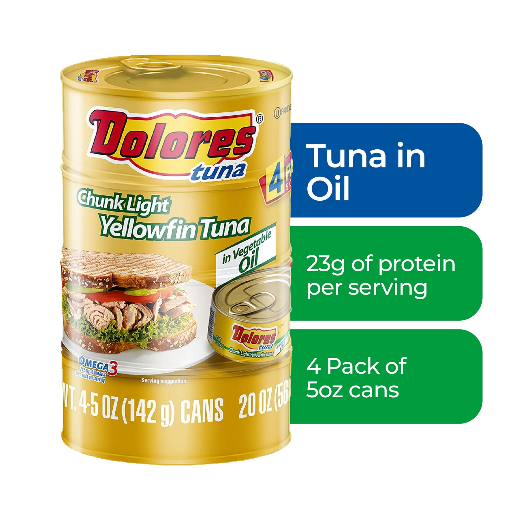 (3 pack) (4 Cans) Dolores® Tuna in Oil, Chunk Light Yellowfin Tuna in Vegetable Oil, 5 oz