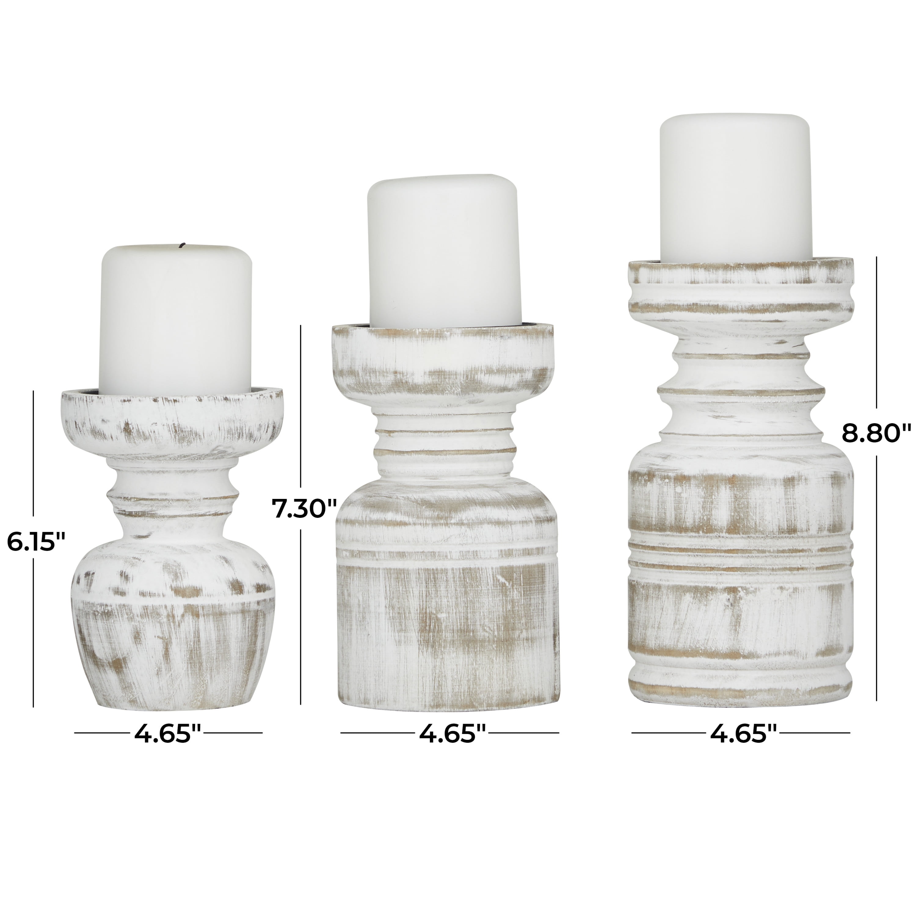 DecMode 3 Candle White Wood Distressed Pillar Candle Holder, Set of 3