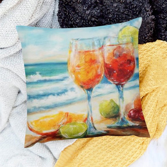 Creowell Home Decor Throw Pillow Cover Wine Glasses Fruit Beach 18x18in