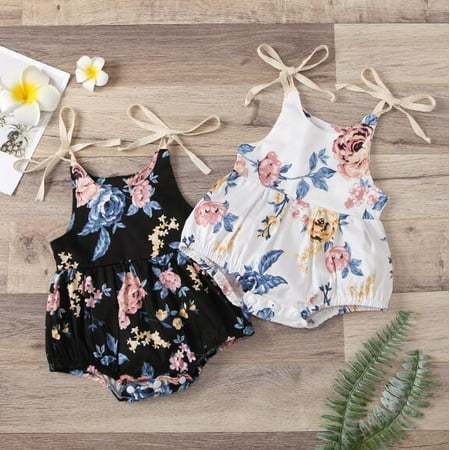

Baby Girl’s Flower Print Round Neck Bow Lace-Up Suspender Romper