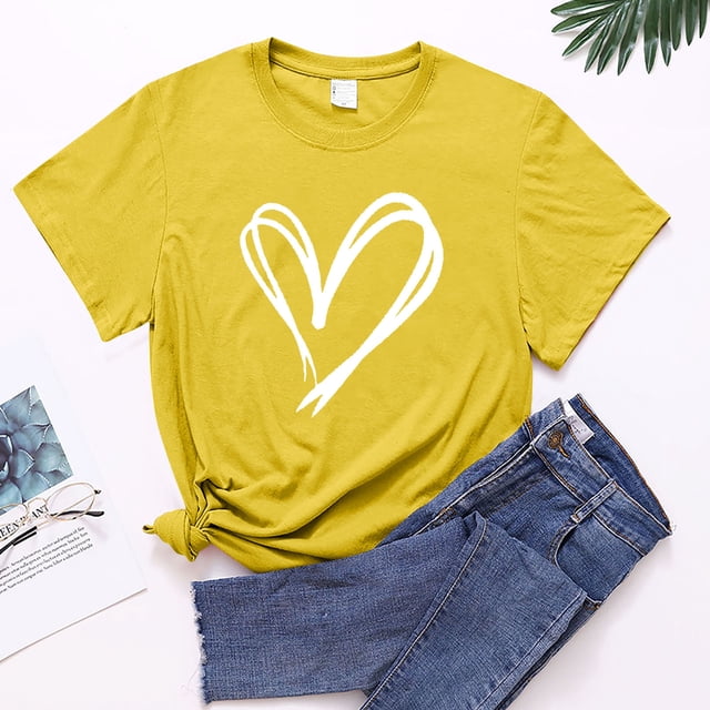 Meichang T-Shirts Joyeuse Saint-Valentin Femmes Mignon Imprimé Cœur T-Shirts Manches Courtes Col Rond Décontracté T-Shirts Joyeuse Saint-Valentin
