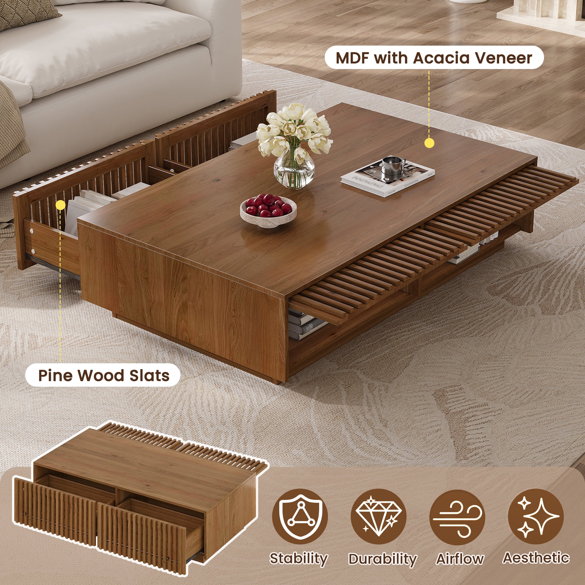 47.2x23.6-Inch Rectangular Coffee Table with Slatted Storage Drawers, Low Profile Mid-Century Center Table and Cocktail Table for Living Room, Walnut
